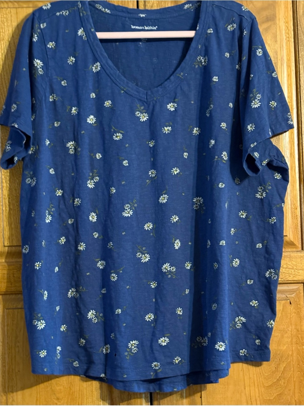 Woman Within Blue V-Neck Short Sleeve Tee with White Daisy Print